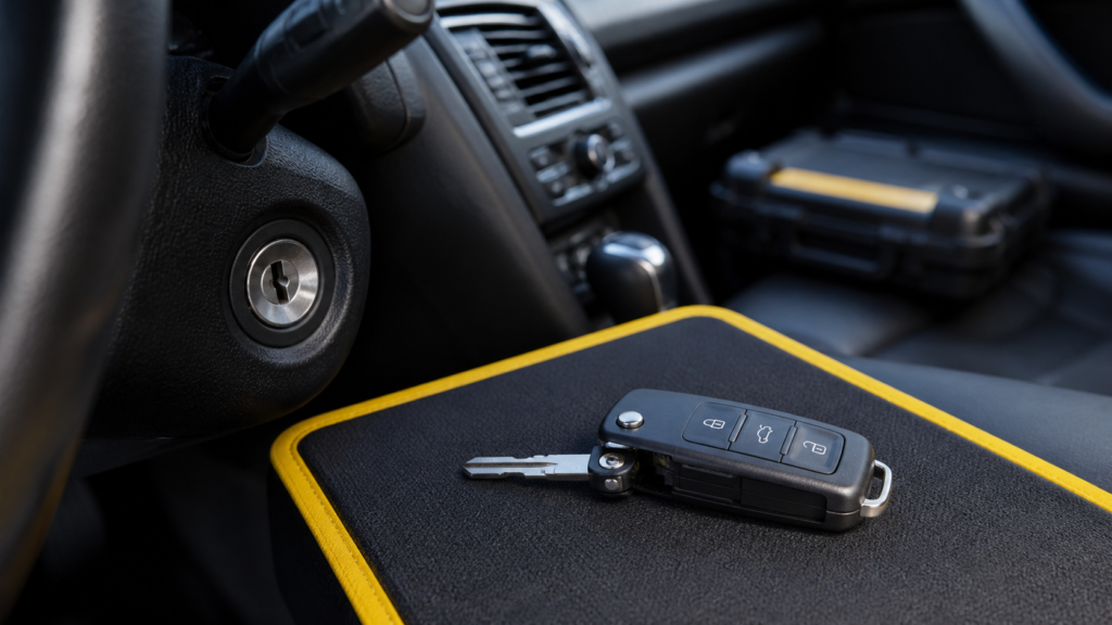 Broken car key beside the ignition awaiting professional assessment