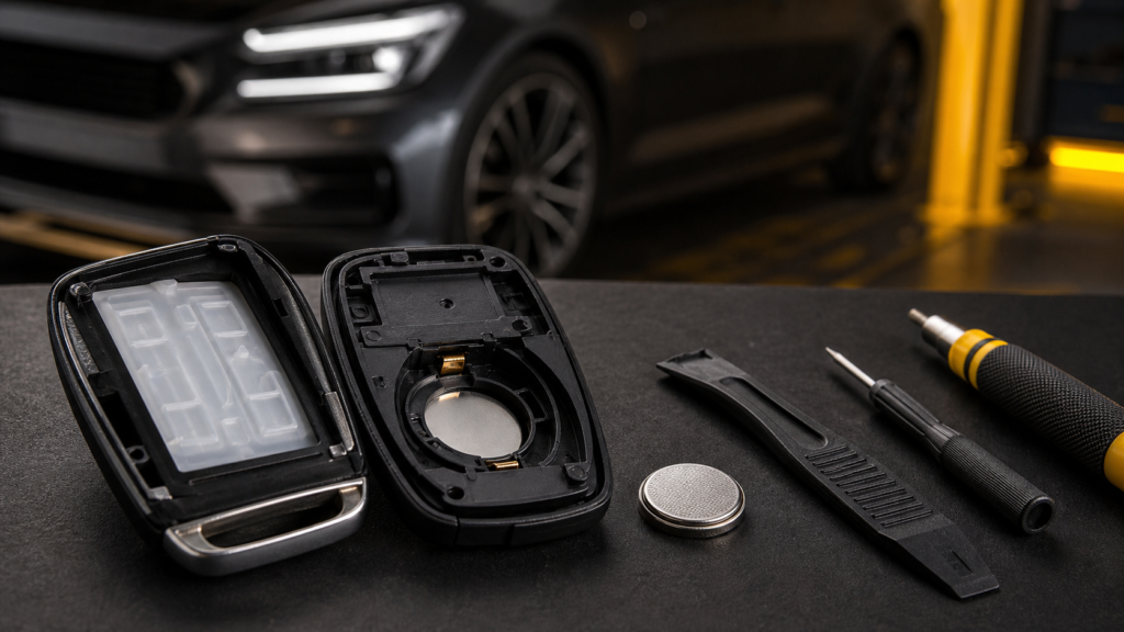 Opened car key fob prepared for safe battery replacement