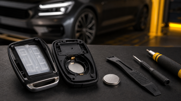 Opened car key fob prepared for safe battery replacement