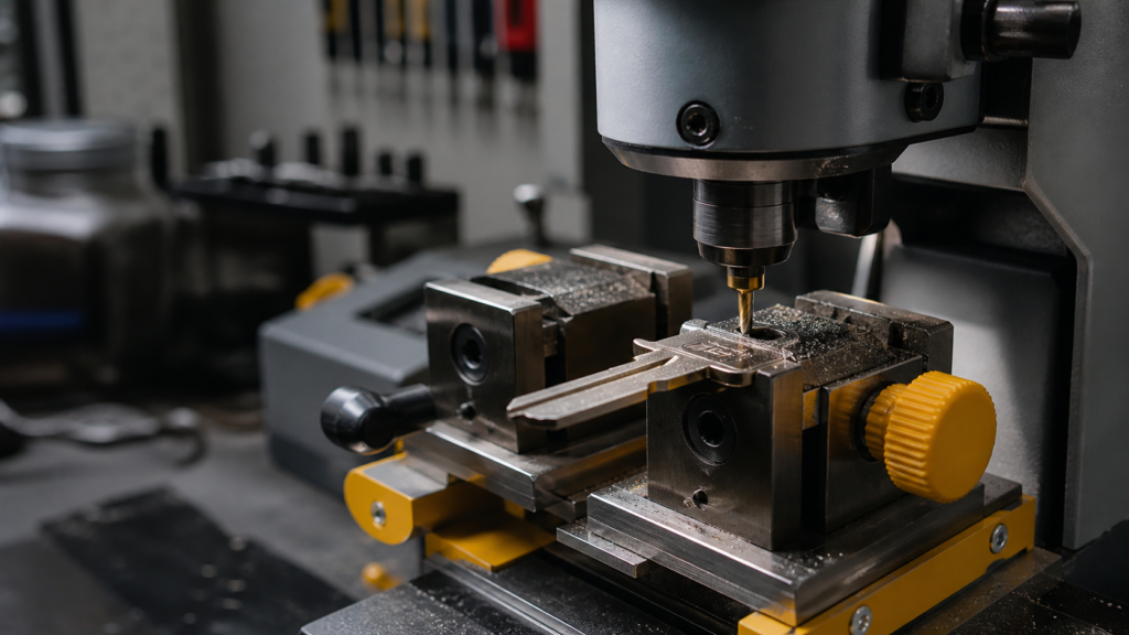 Precision automotive key cutting machine producing a replacement car key blade