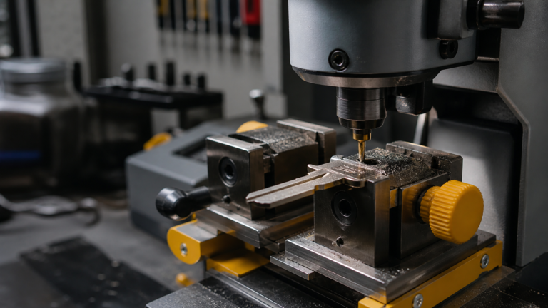 Precision automotive key cutting machine producing a replacement car key blade