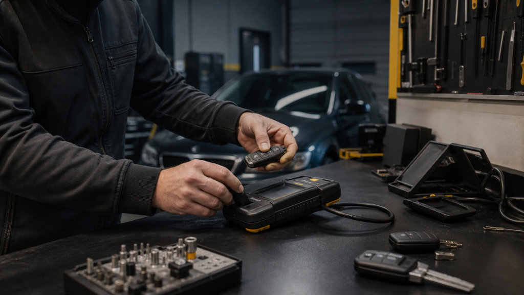 Automotive locksmith programming a modern car key in Doncaster
