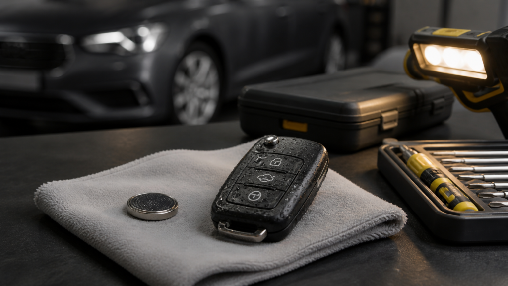 Wet car key with its battery removed for safe inspection