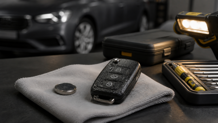 Wet car key with its battery removed for safe inspection