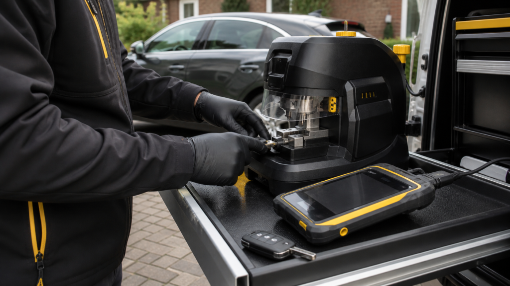 Mobile auto locksmith creating a replacement car key without the original