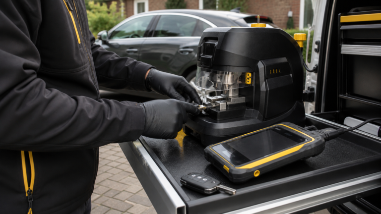 Mobile auto locksmith creating a replacement car key without the original