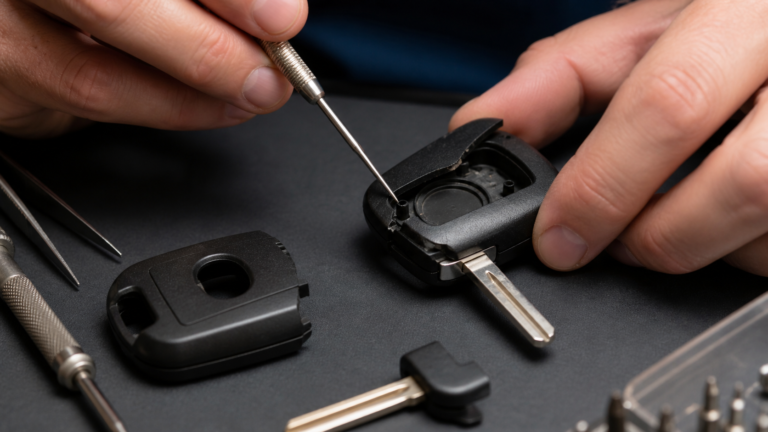 Damaged remote car key opened for professional inspection and repair