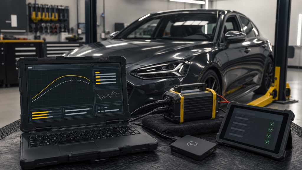 ECU remapping safety checks with stable power backup and diagnostic validation