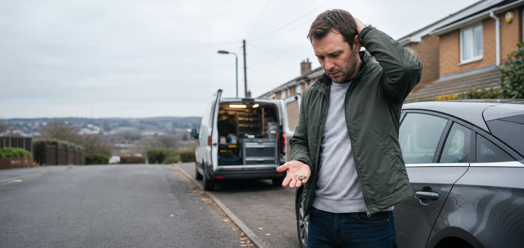 Driver who has lost the only car key awaiting an auto locksmith in Doncaster