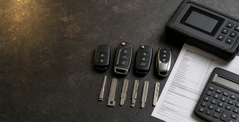 Modern vehicle keys and programming equipment used to explain UK replacement car key costs