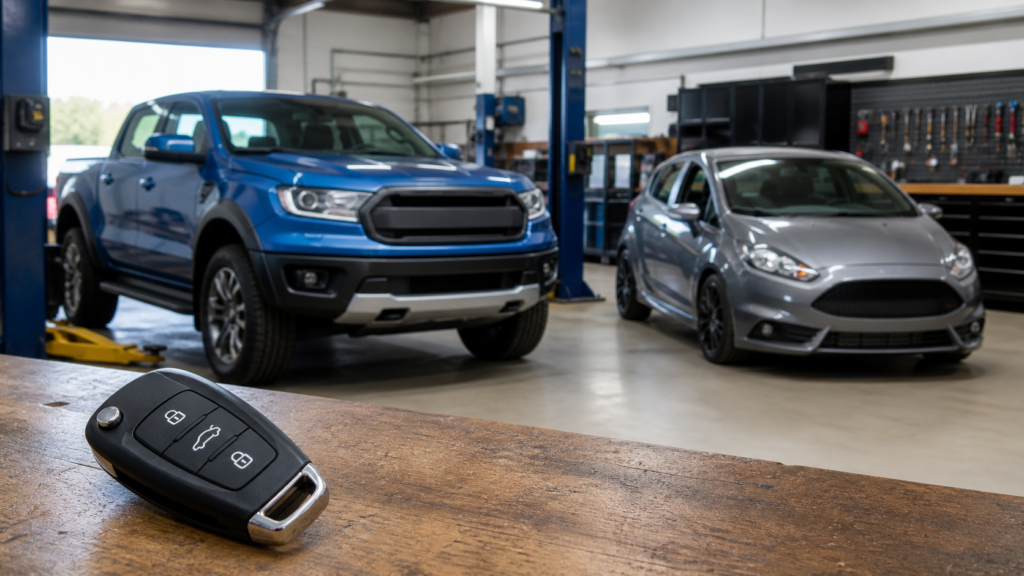 Ford replacement remote and smart car key prepared for cutting and programming
