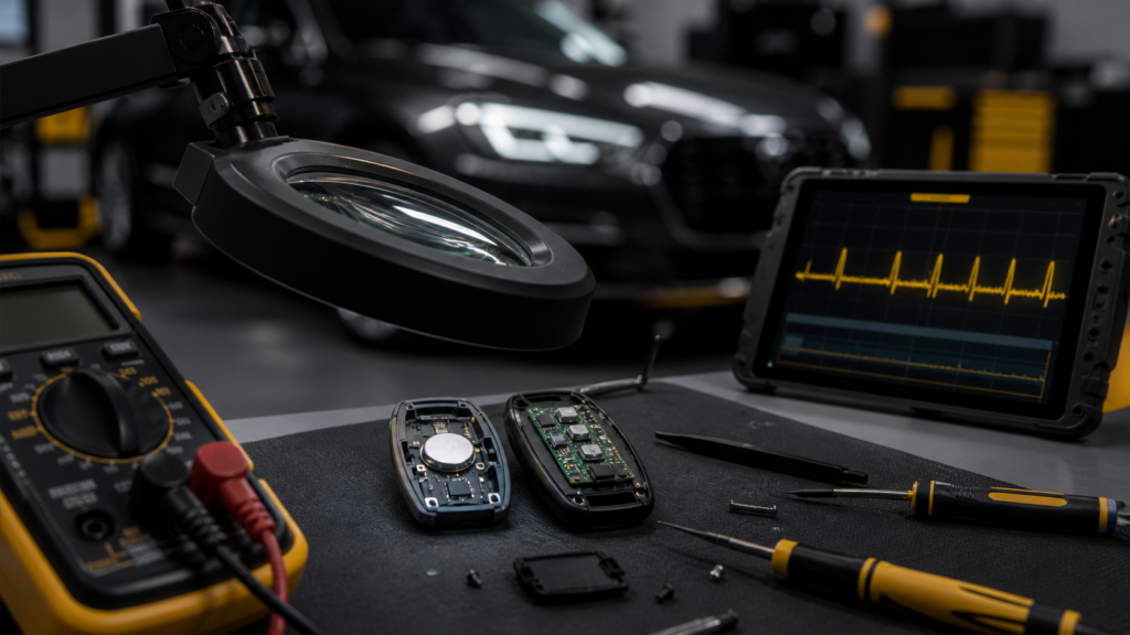 Opened car key undergoing intermittent electrical fault diagnosis