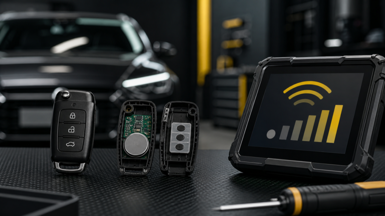 Car key fob battery, buttons and wireless signal undergoing diagnosis
