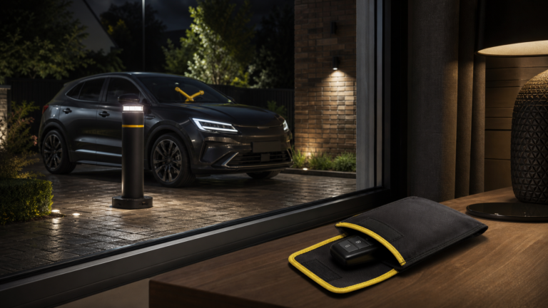 Keyless car protected by signal-blocking key storage and physical security