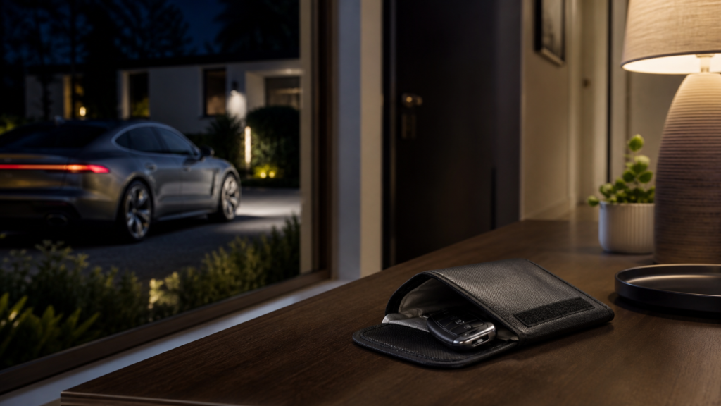 Keyless car key stored in a signal-blocking pouch to reduce relay theft risk