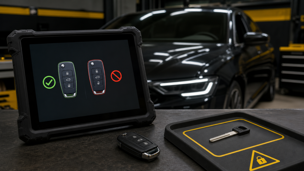 Lost car key removed from vehicle authorisation with mechanical blade risk shown separately