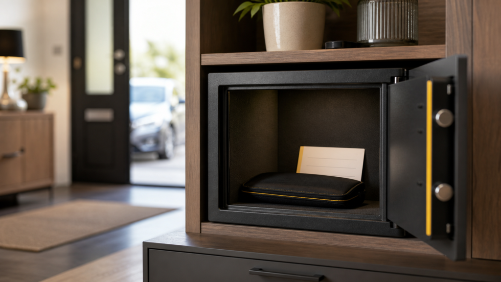 Spare car key stored securely in a signal-blocking pouch inside a home safe