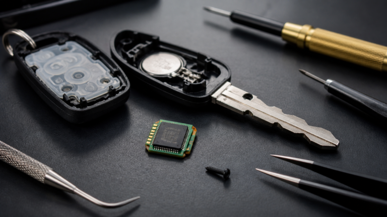 Transponder chip inside a modern car key for vehicle immobiliser security