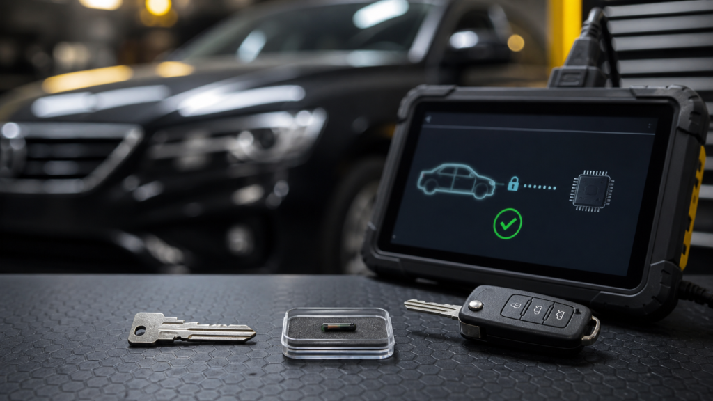 Car key blade transponder chip and immobiliser programming shown as separate functions